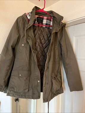 Love Tree Olive Green Hooded Utility Jacket with Plaid Trim